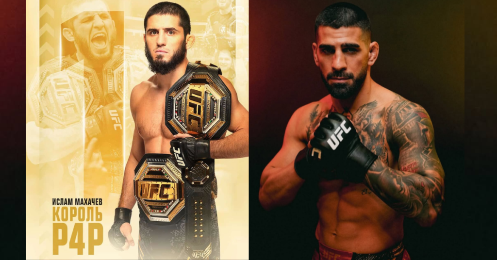 Cartel UFC: Islam Makhachev, rey P4P, con dos cinturones UFC; junto a peleador tatuado con guantes en pose de lucha.