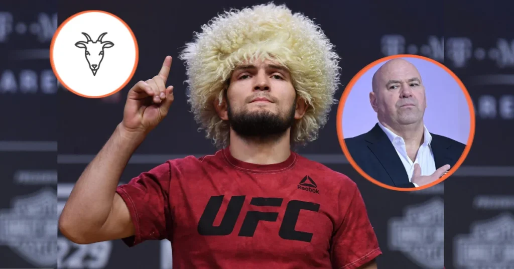 Khabib Nurmagomedov, el GOAT de la UFC, con papakha y dedo hacia arriba. Icono de cabra y Dana White.