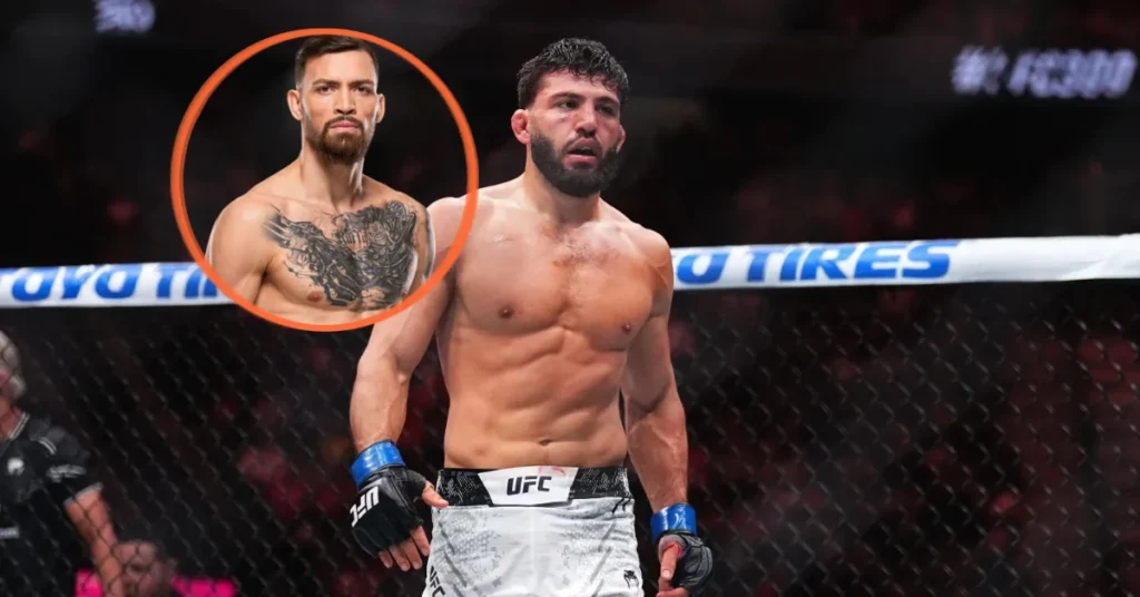 Dos luchadores de UFC: uno en octágono con guantes, otro en círculo con barba y tatuaje pectoral. Fondo con logos Toyota y UFC 300.