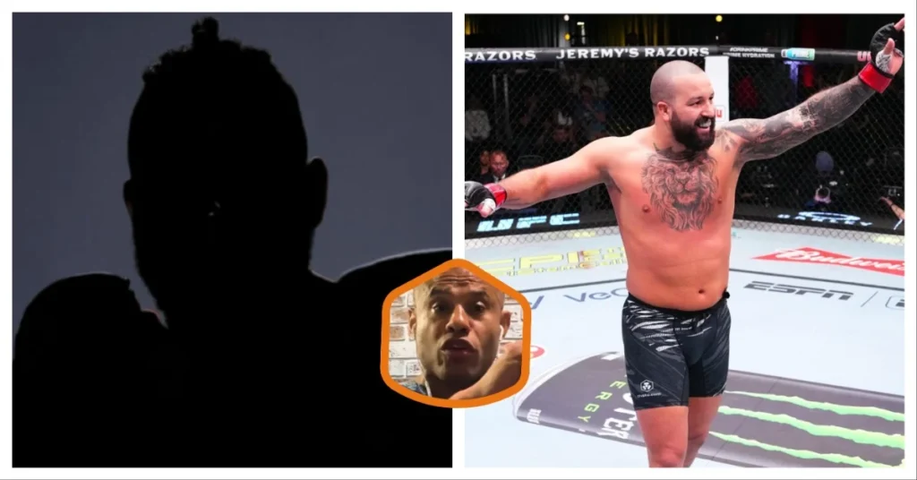 Silueta de Manel Kape, Josh Hokit celebrando victoria en octágono UFC con tatuaje de león. Recuadro de Ali Abdelaziz.