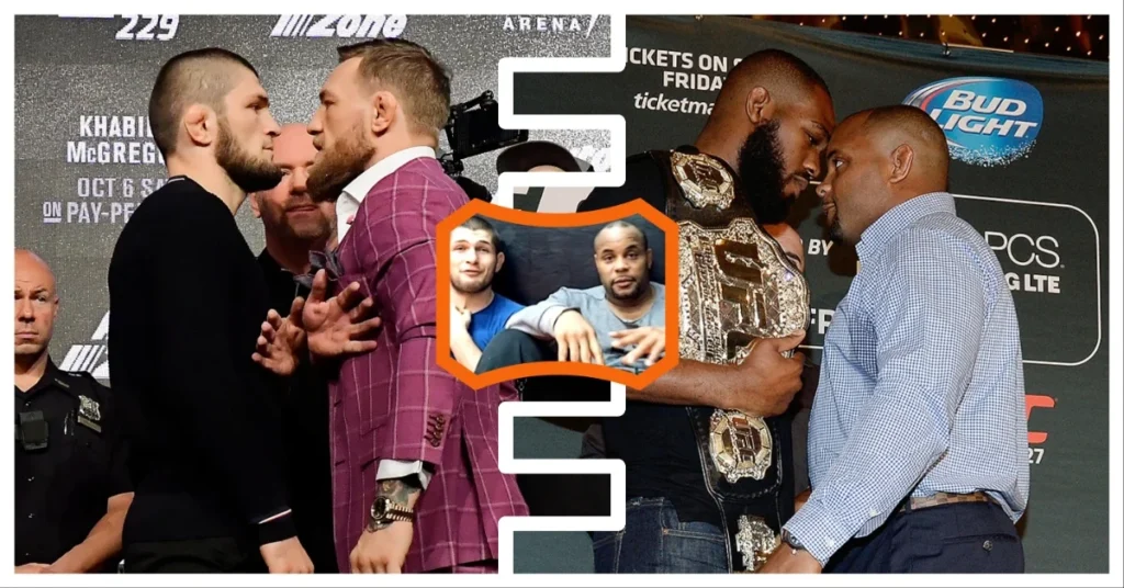 Rivalidades UFC: Khabib vs McGregor y Jones vs Cormier cara a cara. Inset: Khabib Nurmagomedov y Daniel Cormier, amigos.