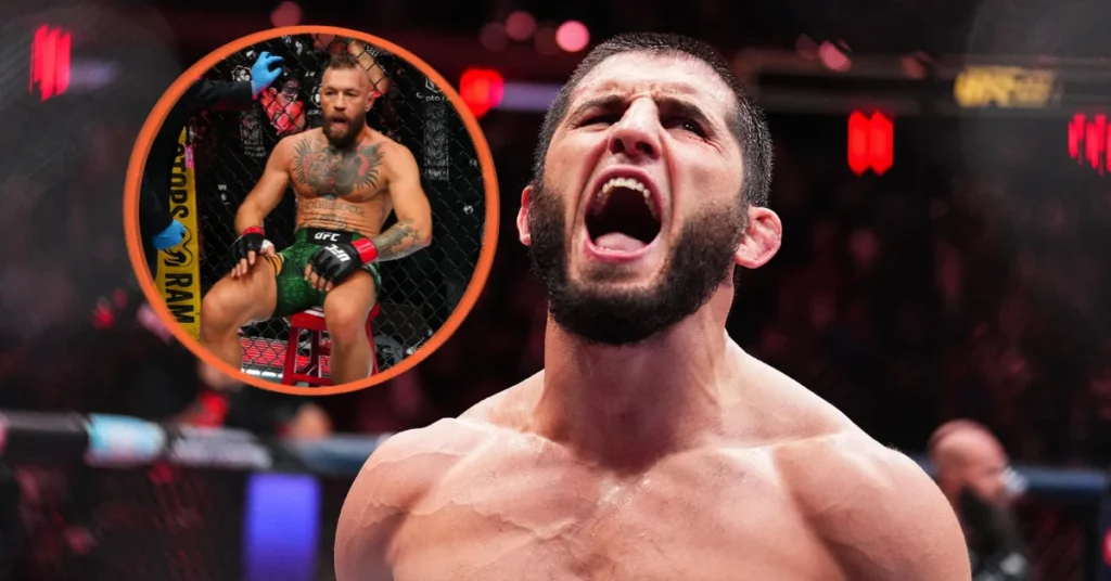Islam Makhachev gritando en UFC; inset de Conor McGregor sentado en el octágono.