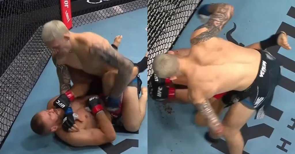 Combate de UFC: Navajo Stirling en montada golpea a Jan Blachowicz, sangre esparcida por el suelo de la jaula, brutal TKO.