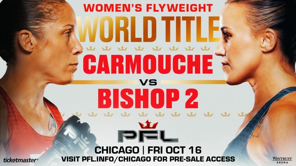 Póster PFL del campeonato mundial peso mosca femenino Carmouche vs Bishop 2. Dos luchadoras frente a frente, Chicago, viernes 16 de octubre.