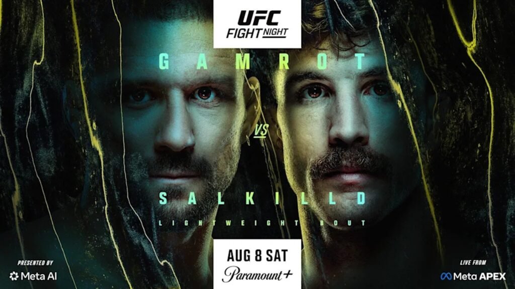 Cartel UFC Fight Night: Gamrot vs Salkild. Dos luchadores con miradas intensas. Combate de peso ligero el 8 de agosto por Paramount+.