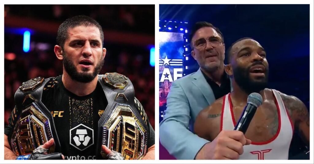 Islam Makhachev, campeón UFC, con sus cinturones. A la derecha, el luchador Jordan Burroughs con micrófono y Chael Sonnen.