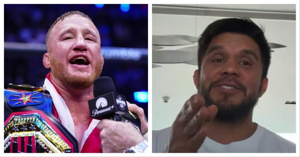 Justin Gaethje, campeón de MMA con cinturón y heridas tras una pelea, junto a Henry Cejudo sonriendo y gesticulando.