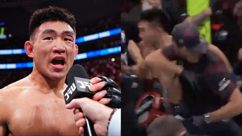 Luchador de UFC ensangrentado post-combate; en la otra mitad, está inmerso en una altercación fuera del ring.