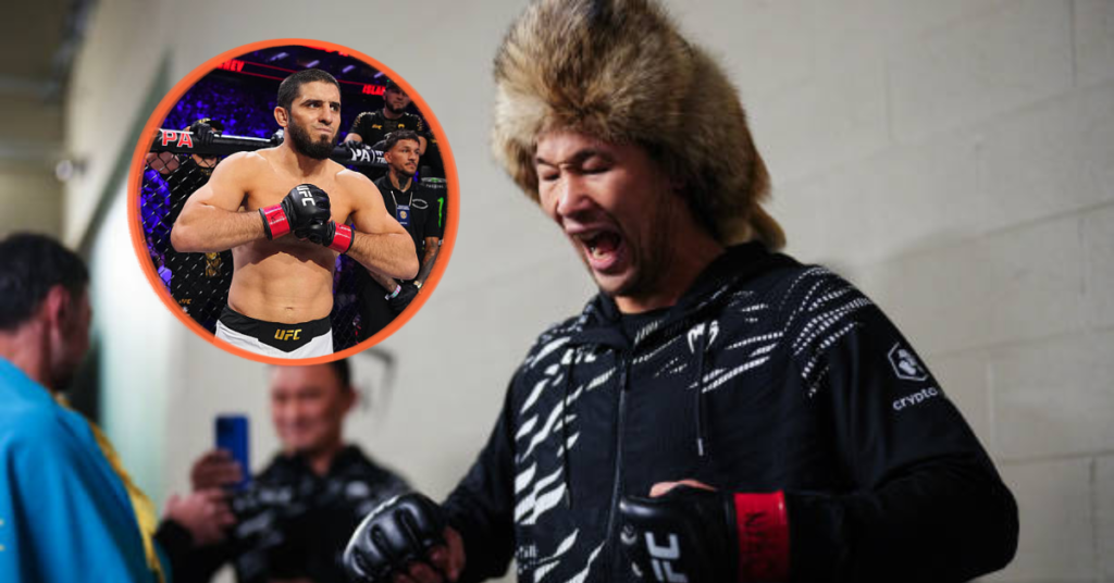 Luchador con gorro de piel gritando. Islam Makhachev, campeón UFC, posa en círculo con guantes rojos.