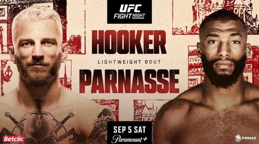 Póster UFC Fight Night: Dan Hooker (rubio, barba, tatuajes) frente a Salahdine Parnasse (barba oscura). Combate de peso ligero, 5 sep.