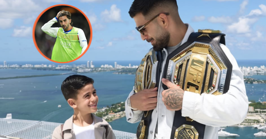 Ilia Topuria, campeón UFC, muestra sus cinturones a un niño en Miami. Inset: Gavi, futbolista del Barça, con peto verde.