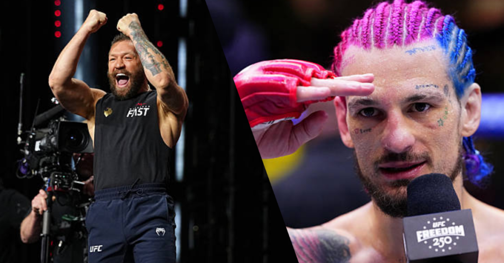 Conor McGregor celebra con puños en alto; Sean O'Malley, cabello rosa y azul, saluda y habla en micrófono. Estrellas de UFC.