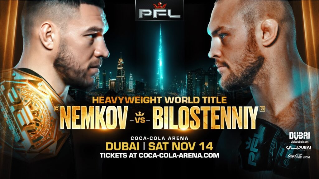 Cartel PFL: Nemkov (cinturón) y Bilostenniy (guante) se enfrentan por título mundial peso pesado en Dubai, 14 nov.